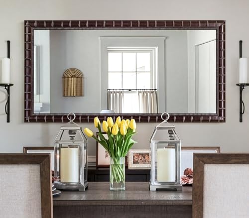 Image of 60'' x 30'' Large Brozne Mirror for Living Room, Antiuqe Wall Mirrors with Bamboo-Joint Frame, Classic Vintage Brozne Wooden Mirror for Entryway, Fireplace, Horizontal /Vertical