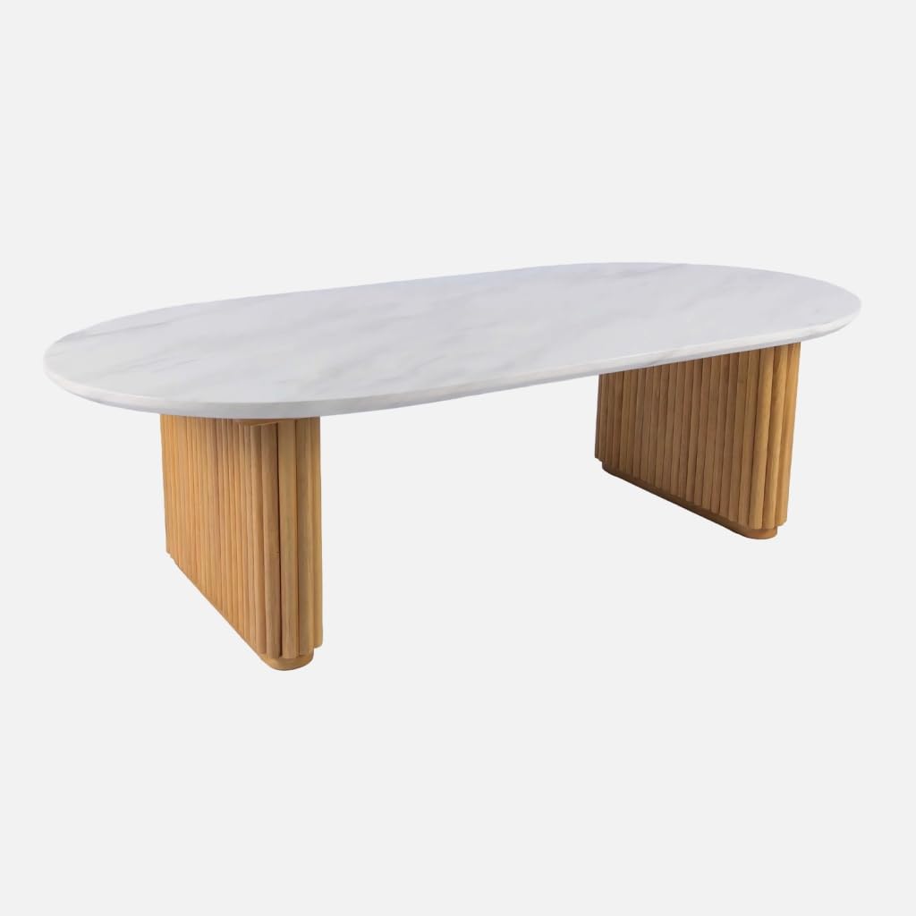sweeek - Table basse ovale en bois d'hévéa avec effet pierre naturelle - 122 x 65 x 35 cm