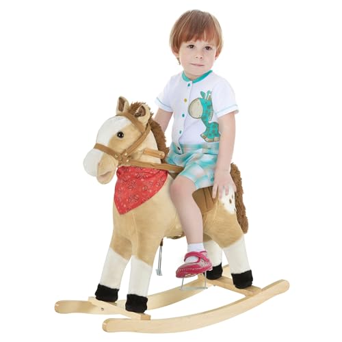 Image of Qaba Kids Plush Ride-On Rocking Horse Toy Cowboy Rocker with Fun Realistic Sounds for Child 3-6 Years Old, Beige