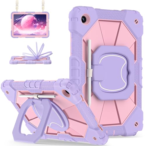 Scnioy for Galaxy Tab A9 Plus Case 11 Inch, Rugged Case for Samsung Galaxy A9+ Tablet with Screen Protector 360 Rotating Stand Shoulder Strap Pen Holder, 2023 Model(SM-X210/X216/218), Purple Rose