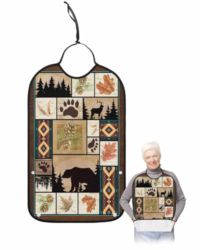 LEOKOTI Boho Brown Adult Bibs for Eating, Waterproof Bibs with Food Catcher & Adjustable Snap Closure, Southwestern Farm Animals Vintage Plaid Washable Clothing Protectors Adult Bibs for Elderly
