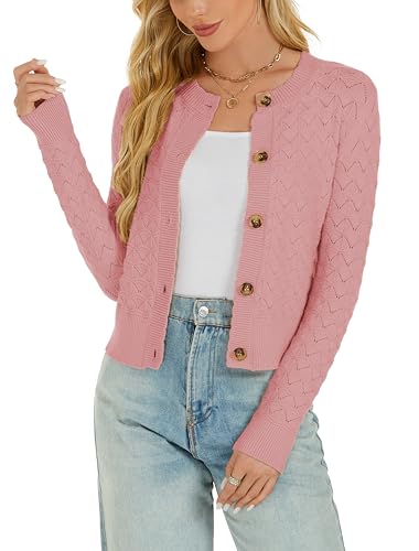 Enjyam Women's Crochet Knit Button Cardigan Long Sleeve Crew Neck Bolero Sweater Tops for Spring Autumn-Pink/M Enjyam Women's Crochet Knit Button Cardigan Long Sleeve Crew Neck Bolero Sweater Tops for Spring Autumn-Pink/M