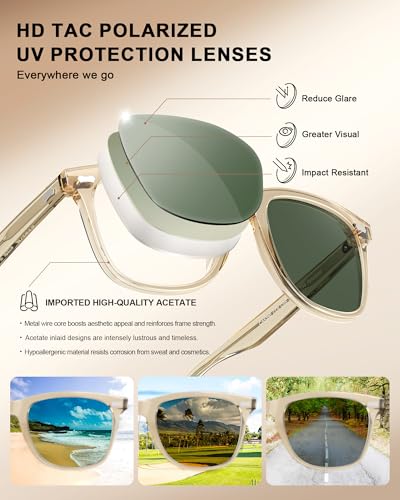 Image of CARFIA Thick Polarized Sunglasses for Men UV400 Protection, Retro Square Hand-crafted Acetate Driving Shades CA5356