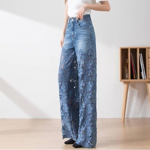Fashion Lace Patchwork Denim Jeans – Hollow-Out Wide-Leg High Waist Pants for Women4
