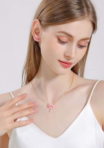 Magnolia Pink Flower And Pearl Enamel Pendant Necklace Handmade Jewelry Gift Juicy Grape4