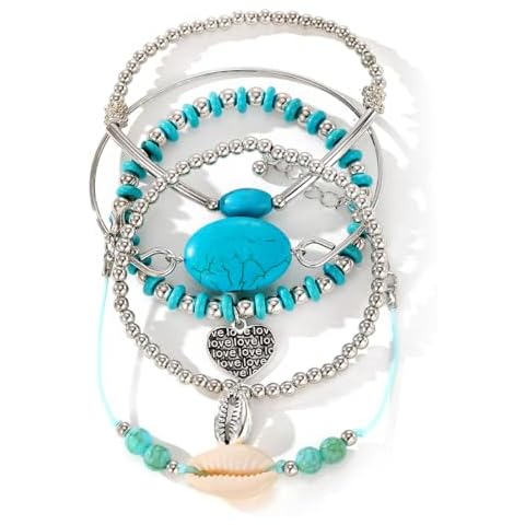 KISS WIFE 5 Pcs Bohemian Stackable Stretch Bracelet Set Turquoise Shell Beads Trendy Boho Bangle Jewelry Cover