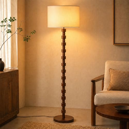 KlkrzJwy Lámpara De Pie De Madera 155CM, Mid-Century, De Tela Moderna De Lino Con Base Cilíndrica, Casquillo E27, 3 Temperaturas De Color, Madera Maciza Para Salón Y Dormitorio (Incluye Bombilla)