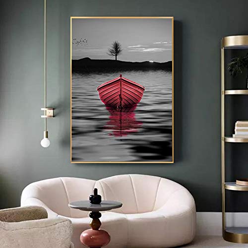 Toile paysage lac nordique rouge et noir pour créer une ambiance zen au-dessus du lit de chambre