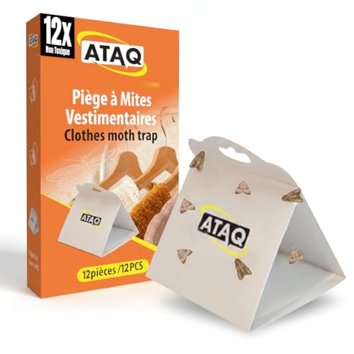 ATAQ - Pack de 12 trampas para polillas de vestir - Trampa antipolillas adhesiva para feromonas con pegamento de alto rendimiento - contra la infestación de las polillas en la habitación, protege la