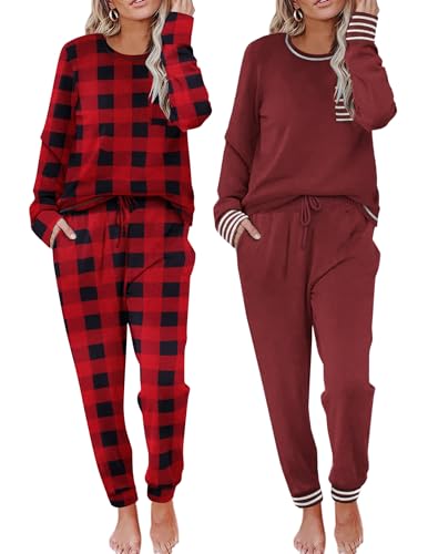 Image of Ekouaer 2 Pack Womens Pajama Sets Long Sleeve Lounge Sets Soft Pj Sleepwear Loungewear