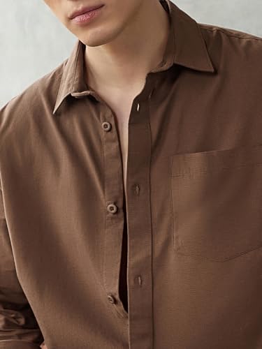 Image of Bewakoof Mens Solid Regular Fit Full Sleeve Collar Cotton Linen Blend Shirt