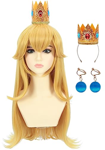 morvally Blonde Princess Synthetic Hair Cosplay Wig with Crown and Earrings Long Wavy Costume Wig Set for Girls Halloween Party