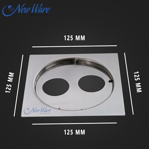 Image of NEW WARE 5x5 Inch Stainless Steel Bathroom Floor Drain Jali with Trap | Double Hole Water Drain Grating | Anti-Clog Rust Resistant Chrome Finish Drain Cover for Bathroom, Shower & Wash Area