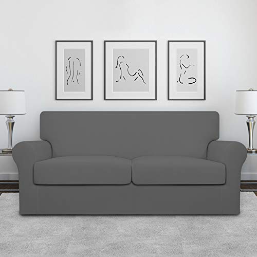 Image of Easy-Going Stretch Oversized Loveseat Couch Cover for 2 Cushion Washable | Sofa Slipcover for Stretch 2 Separate Sectional Cushion Couch - Furniture Protector for Pets, Kids Gray