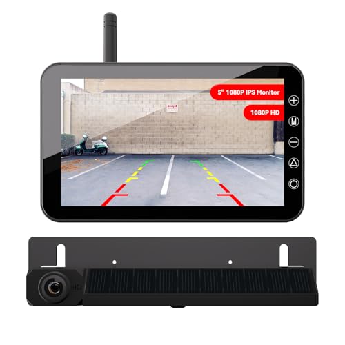 Ecoyoca Solar Wireless Backup Camera Kit with 5'' IPS Monitor 1080P Reversing Camera, 4800mAh Rechargeable Battery, IP68 Waterproof Reverse Parking System for Cars, Vans, Caravan, Pickup, Trailers