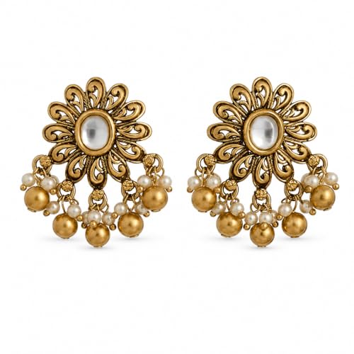 Image of Sayda JewelsGold Plated Antique Traditional Jhumka Earring Indian ethnic Temple design studs Chandbali Style Bridal, Wedding & Festive Jewellery For Women & Girls