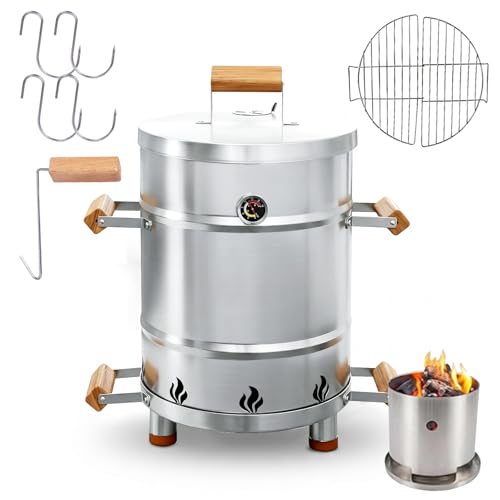 DINITHRON Charcoal Barrel Smoker Grill Combo 100% Premium 304 Stainless Steel | 95% Less Smoke & Even Heat Easy Clean Outdoor BBQ Cooker for Backyard & Balcony (Medium 25 LBS Capacity)