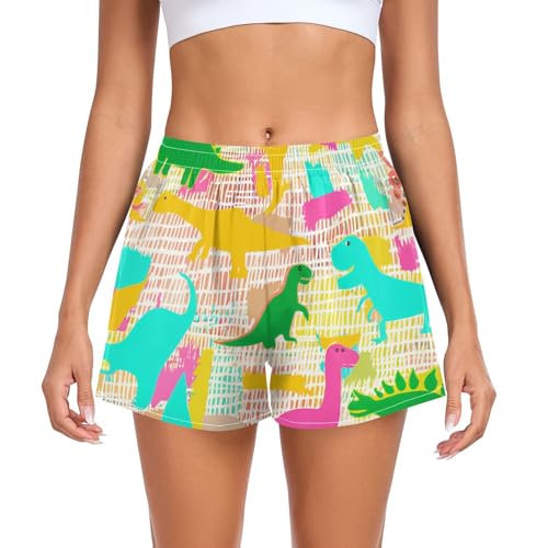 UMIRIKO Colorful Cute Dinosaur Women's Running Shorts with Pockets Sporty Workout Quick Dry Athletic Shorts L 202c1202