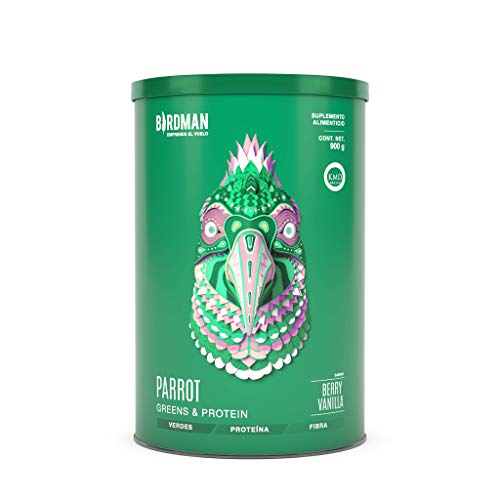 Proteína Vegana, BIRDMAN Parrot Greens & Protein Super Alimento, Colacion De Verdes + Proteina En Polvo (Vegana) Certificado Kosher, Alto En Fibra Vitamina A, C, B9, Sabor Berry...