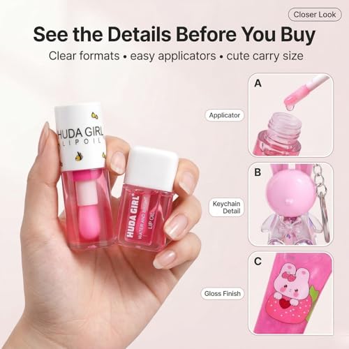 Image of Korean Lip Gloss Set of 4 in Tinted Pink | Rabbit Keychain, 2in1 Tube, Liquid Oil and Swiss Tint Combo, Cute Daily Wear for Girls & Women