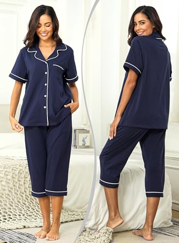 COLORFULLEAF 100% Cotton Women's Pajama Sets Short Sleeve Capri Pajamas for Women Set Button Down Pjs Soft Sleepwear Summer3