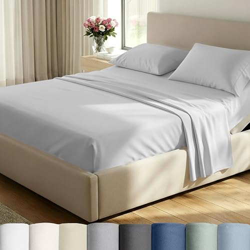 Image of Luxury Adjustable Split King Bedsheets Set, Soft 100% Cotton, 500 Thread Count Sateen, Includes Twin-Xl Fitted Sheets, Snug Fit, Sheet Sets & Pillowcases (Split King, Light Grey)