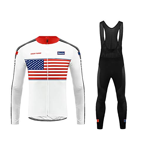 UGLY FROG Cycling Team Thermal Winter Fleece Jersey, Bib Tights, and Winter Cycling Set, Long Sleeve American Flag