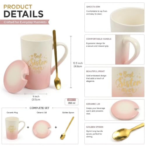 Image of ZAICUS Best Sister Ever Coffee Mug with Lid & Spoon, Rakhi Gift for Sister | Suitable for Hot & Cold Beverages | Ceramic Mug | Elegant White & Pink Gradient Finish