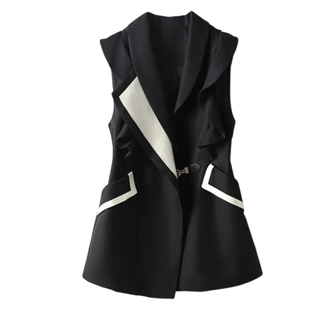 Women Contrast Panel Vest Blazer Sleeveless Jacket Stylish Suit Waistcoat Elegant Top