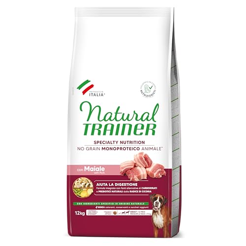 Natural Trainer Sensitive No Grain Monoproteico Animale - Cibo per a Cani Medium&Maxi Adult con Maiale e Patate - 12 Kg