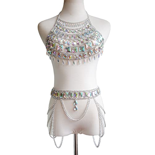 Colorful Gems Body Chain Chest Chain Bra Waist chain Sparkly Rhinestone Bikini Chest Jewelry Lingerie Woman Sexy Nightclub Clothing (Silver)