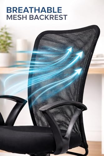 Image of Office Arm Chair with Metallic Frame, Mesh Back, Nylon Base, and Adjustable Handle, Cushion Fabric (Black)