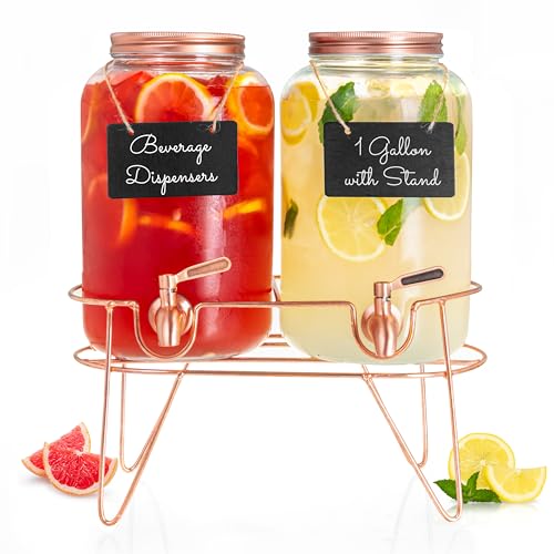 Ilyapa Rose Gold Double Glass Beverage Dispenser with Stand - 1 Gallon Large Drink Dispensers for Parties with Stainless Steel Spigots for Ice Water, Lemonade, Juice, Sangria, Tea & Punch