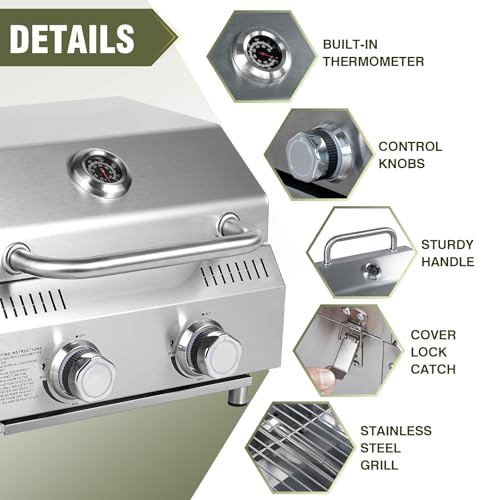 Image of Bestfire Tabletop Propane Gas Grill 2 Burners, 20,000 BTUs Stainless Steel Portable Propane Grill with Legs for Outdoor Patio Backyard Camping, Tailgating, and RV Trips