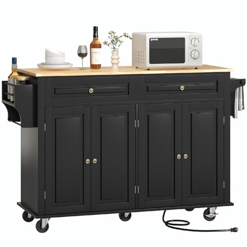 55″ Movable Kitchen Island with Drop Leaf and Power Outlet, Rolling Cart with Storage Cabinet, Island Table on Wheels for Kitchen with 2 Drawers, Spice Rack, Towel Bar, Garage Hook, Black