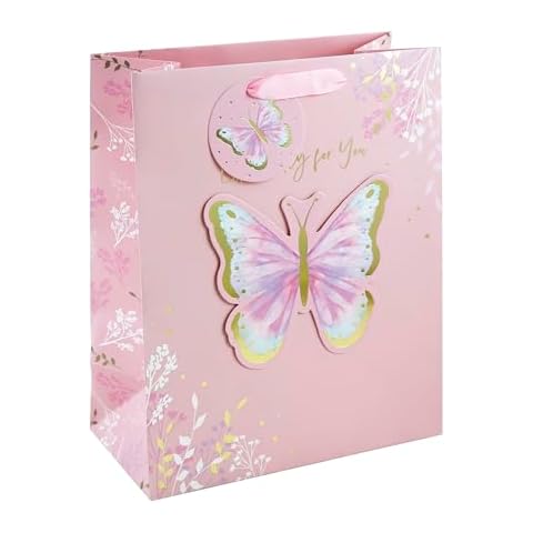 Eurowrap Pink Butterfly Gift Bag with Tag Cover