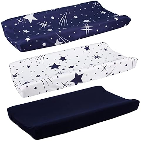 Belsden 3-Pack Microfiber Soft Changing Pad Covers, with 2 Considerate Safety Belt Holes, Durable Diaper Change Table Sheet Set for Baby Boys Girls, 16''x32''x8'', White Star & Navy & Navy Star Cover