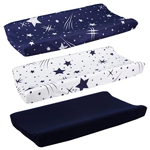 Image of Belsden 3-Pack Microfiber Soft Changing Pad Covers, with 2 Considerate Safety Belt Holes, Durable Diaper Change Table Sheet Set for Baby Boys Girls, 16''x32''x8'', White Star & Navy & Navy Star