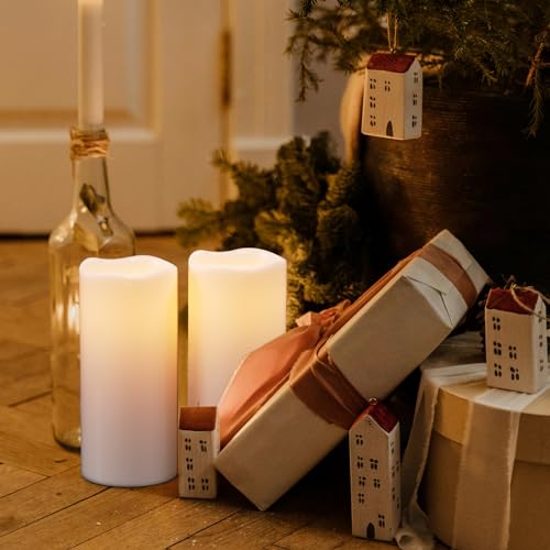 Image of Waterproof LED Flickering Battery Operated Flameless Candles with Remote Timer, Pack 2 Pillar Candles Warm Light for Outdoor Indoor Lanterns Home Decor(D4 x H8)