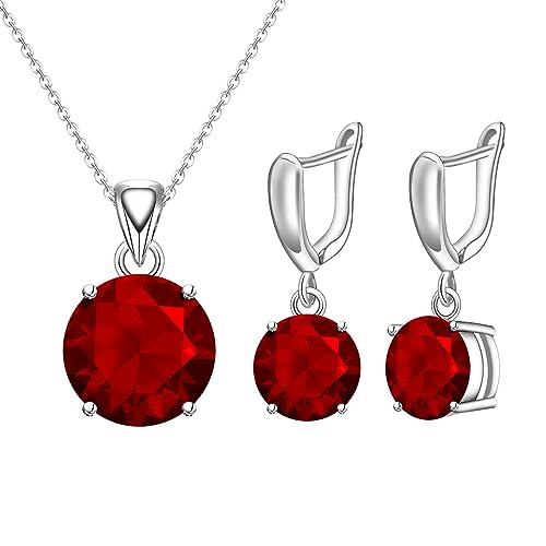 GZWHD Red Ruby Earrings Necklace Sets for Women Valentines Day Gift Birthstone Party Prom Wedding Silver Jewelry Round Stones
