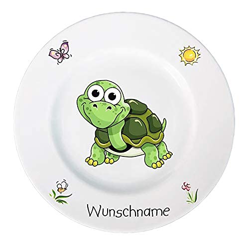 Kindergeschirr personalisiert - Frühstücksservice 3-tlg. Porzellan Teller Becher Schale personalisierbar mit Wunschname Name Frühstücksset mit Namen personalisiert (Schildkröte)