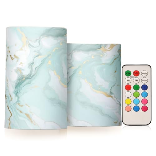 Image of Flickering Flameless Candles, Teal Marble Design LED Candles with Remote Timer, Set of 2 Battery Operated Candle for Valentine Wedding Birthday
