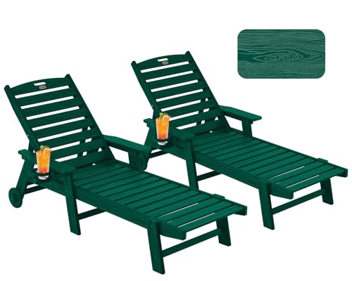 Image of Patio Chaise Lounge Chair Set of 2, Oversize Lounge Chairs with Wood Texture& Rolling Wheels, HDPE 5-Position Plastic Lounge Chairs for Poolside, Patio, Deck, Beach,Green