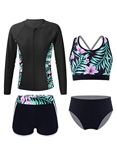 Girls Printed Swimsuit with Strappy Crop Top and Briefs Shorts UPF 50+ Rash Guard Set