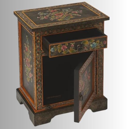 Image of Wooden Bedside Table for Bedroom with Drawer | Solid Wood Handcrafted Bed Side Table with Drawers | Side Table for Living Room | Decorative Chest of Drawer for Home Decor (Handpainted)