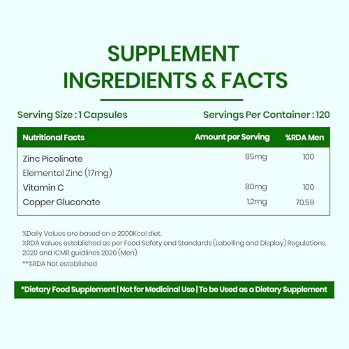 Image of Vlado's Himalayan Organics Zinc Picolinate with Vitamin C & Copper | Zinc Supplements for Men with 100% RDA Zinc | Immunity & Cellular Health Support - 120 capsules