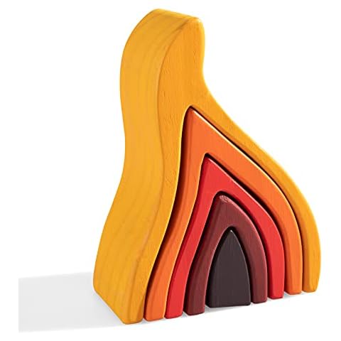 MERRYHEART Wooden Rainbow Stacking Toy, Fire Elements Wooden Stacker, Various Shapes Nesting Stacking Blocks, Waldorf & Montessori Open-Ended Education Toy for Kids/Toddlers Cover