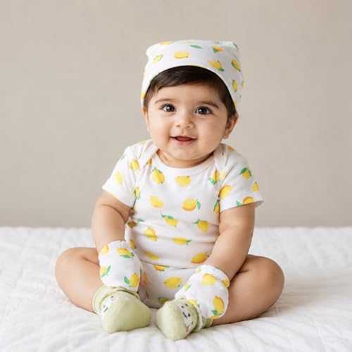 Image of MOM'S HOME Organic Cotton Baby Essentials Gift Set | Baby Shower Gift Hamper | Baby Clothing Gift Combo | Lemon | Pack of 7