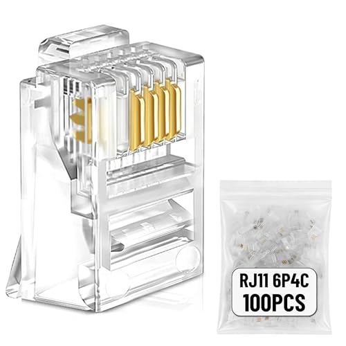 Uvital RJ11 6P4C Telephone Plugs 100 Pack Replacement Modular Connectors Clear Crystal Head Crimp End for Landline Phone Cord Repair Flat Cable Compatible