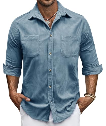 Image of Daysskk Mens Corduroy Button Down Shirts Long Sleeve Casual Shacket Jacket with Pocket Autumn Shirt for Men Blue S